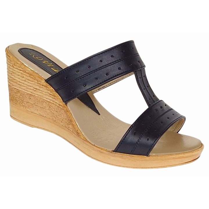 Papuci dama din piele naturala cu platforme PAP300, Negru, 38