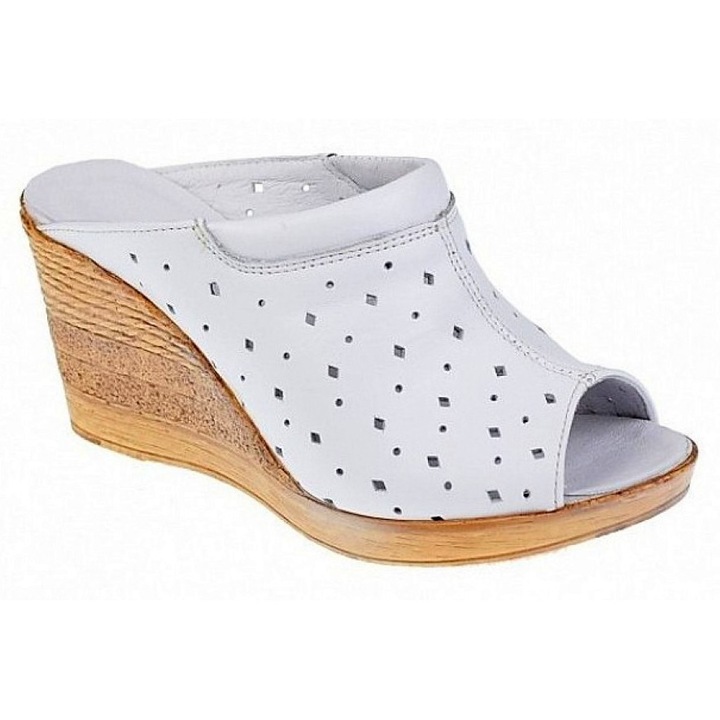 Saboti dama de vara din piele naturala maro cu perforatii 200501, Alb, 36