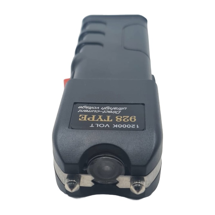 Electrosoc profesional tip TW 928 cu lanterna LED – Dispozitiv de autoaparare puternic, portabil si usor de utilizat, Incarcator, Acumulator, Husa Material Textil, Negru, 16 cm, Dalimag