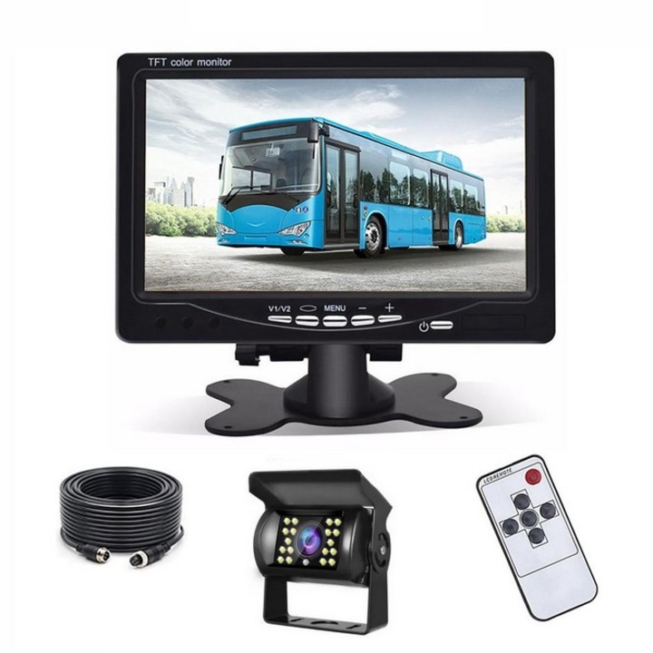 Kit marsarier SkyTechs® camere 18 led si monitor display de 7" pentru auto suv autobuz camion bus vehicul agricol 1x camera 18 Led si cablu 10 metri mufa 4 pin aviator