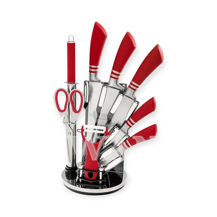 Set cutite bucatarie 9 piese SWAN, otel inoxidabil, maner soft touch, Cherry Red, cu stand, peeler, foarfeca si ascutitor