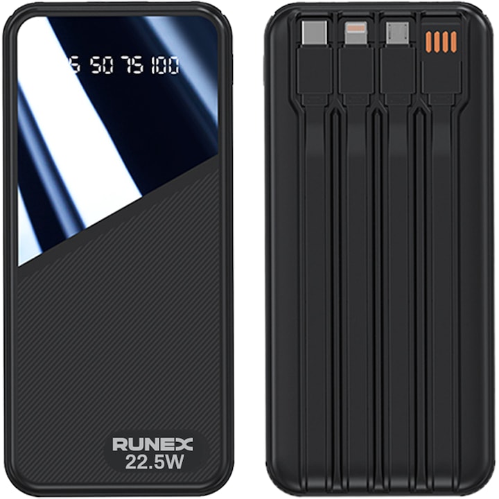 Baterie Externa Runex®, Model PB910, 20.000mAh, Power Bank Portabil, Incarcare Rapida 22.5W, 4 Porturi, Display LED, Compatibil Apple, Samsung, Universal, Acumulator 4 Cabluri, Type-C, Lightning, Micro-USB, USB-A