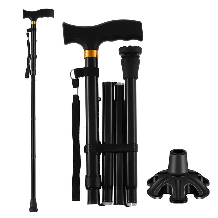 Baston ortopedic de sprijin pliabil, SINBINTA, Baston pentru mers din aluminiu ajustabil, Cu sprijin la sol in 6 puncte, 5 Pozitii pe inaltime, Pentru ambele maini, Ofera stabilitate si sustinere pana la 113 kg, 85-95cm, Negru