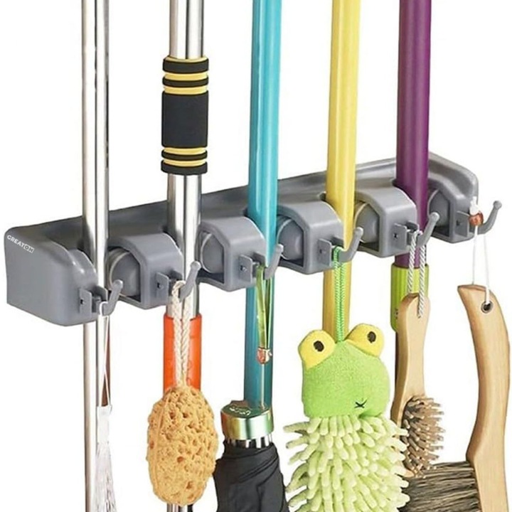 GREATON Стенна стойка за метли, моп, лопата, гребло, почистващи или градински аксесоари, 5 отделения, сгъваеми куки, завинтване, сив