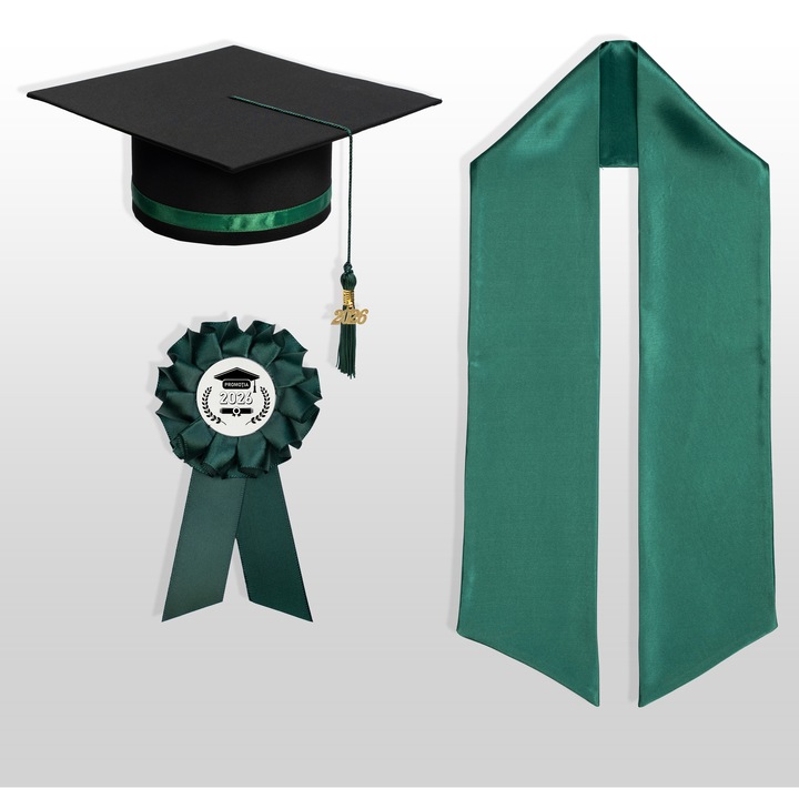 Set Absolvire – Toca, Esarfa si Cocarda, Verde Inchis, Nepersonalizat, Ceremonie / Serbare, Sfarsit de An, Liceu, Facultate