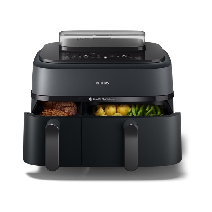 Philips Friteuza Cu Abur Seria 5000 Cu Cos Dublu - Friteuza Cu Abur Si Aparat De Gatit La Abur Intr-Unul Singur, 9L, Tehnologie Rapidair Plus, 19 Functii De Gatit, 90% Mai Putina Grasime, 2 Cosuri, Curatare Cu Abur (Na550/00)
