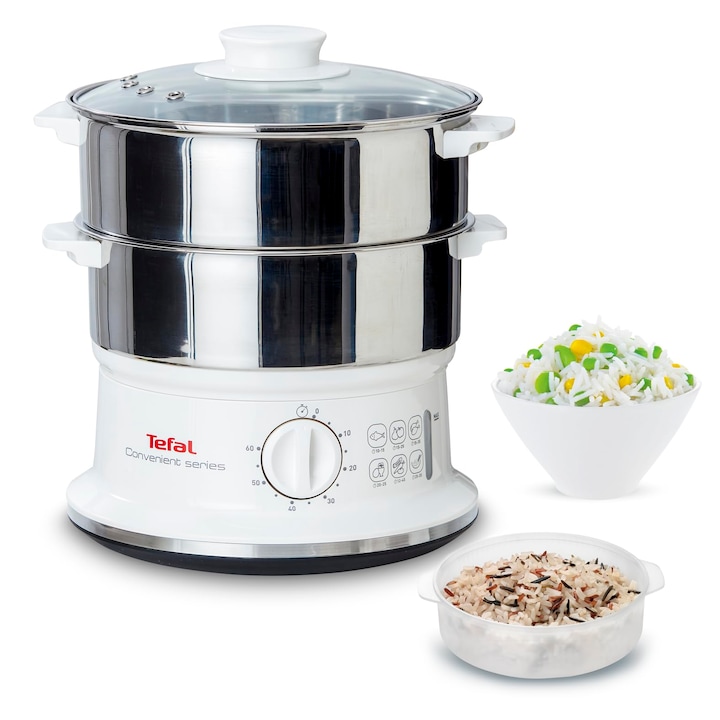Aparat De Gatit La Abur Electric Tefal, 2 Recipiente Din Otel Inoxidabil, Capacitate 6L, Aparat De Gatit La Abur Cu Diametrul De 24Cm, Temporizator Si Oprire Automata, 900W, Alb, Vc1451