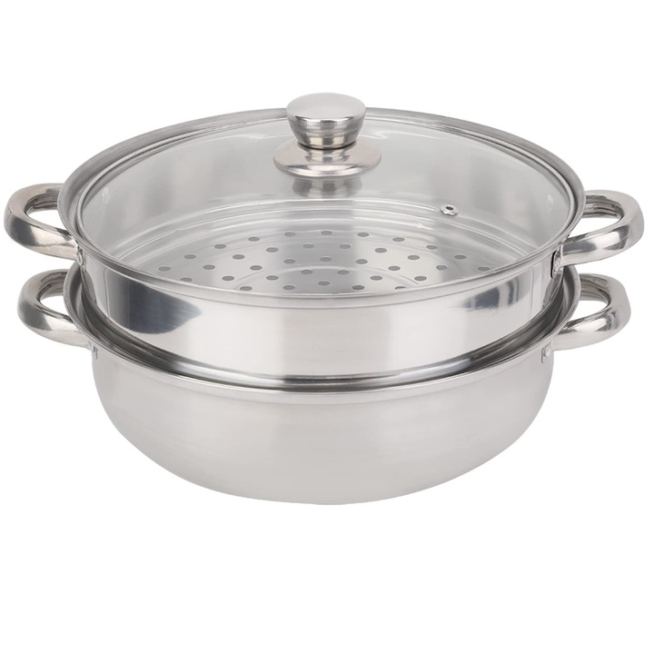 Aparat De Gatit La Abur, Aparat De Gatit La Abur Pentru Cartofi De 28 Cm Din Otel Inoxidabil, Aparat De Gatit La Abur Cu 2 Straturi, Vas Cu Insert Pentru Abur Si Capac De Sticla, Aparat De Gatit La Abur Pentru Toate Suprafetele De Gatit