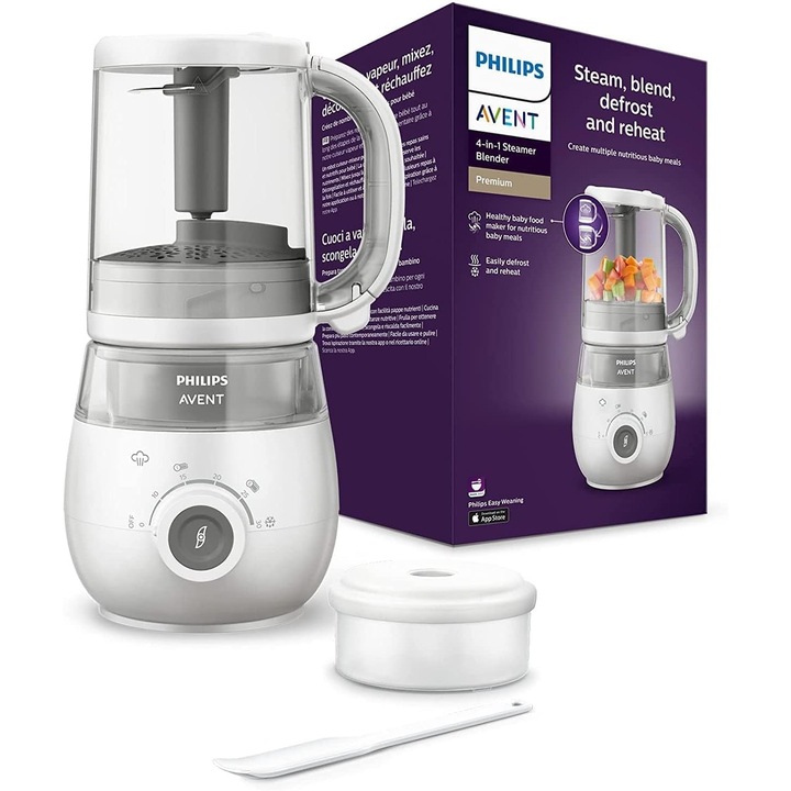 Aparat De Gatit Cu Abur 4 In 1 Philips Avent Cu Blender Premium, Aparat De Gatit Pentru Bebelusi, Gatit La Abur, Mixat, Decongelat, Incalzit, Potrivit Pentru Masina De Spalat Vase, Model Scf883/01