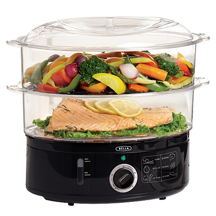 Aparat De Gatit La Abur Bella Cu Doua Niveluri, Cu Cosuri Suprapuse Si Baza Detasabila Pentru Gatit Rapid Si Simultan – Oprire Automata Si Protectie La Fierbere Fara Apa, 7 L, Negru