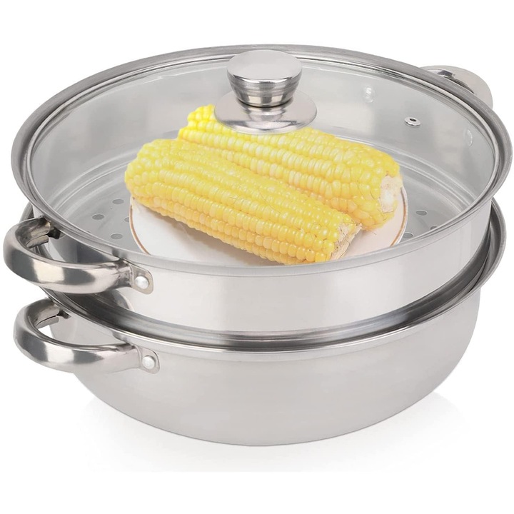 Aburitor Cu 2 Straturi Pentru Gatit, Oala Pentru Gatit La Aburi Cu Legume De 28 Cm, Oala Pentru Gatit La Aburi Din Otel Inoxidabil, Oala Pentru Gatit La Aburi Cu Galuste De Legume, Vase De Gatit Cu Capac De Sticla
