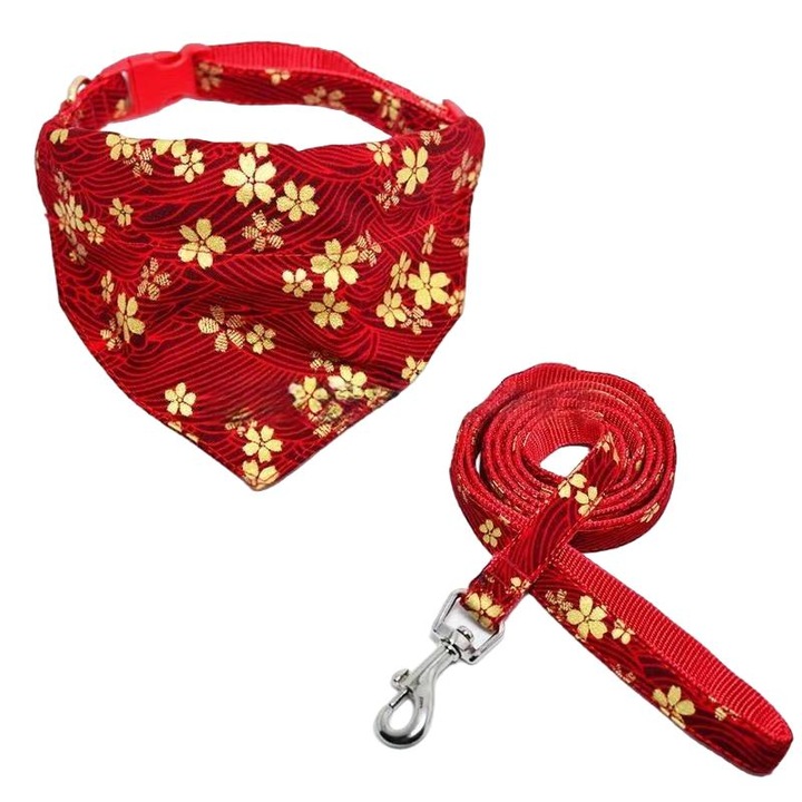 Set 3 in 1 pentru animale de companie, zgarda reglabila, bandana decorativa, lesa, rosu, flori aurii, 32-46 cm, 8-15kg, L size, Aur