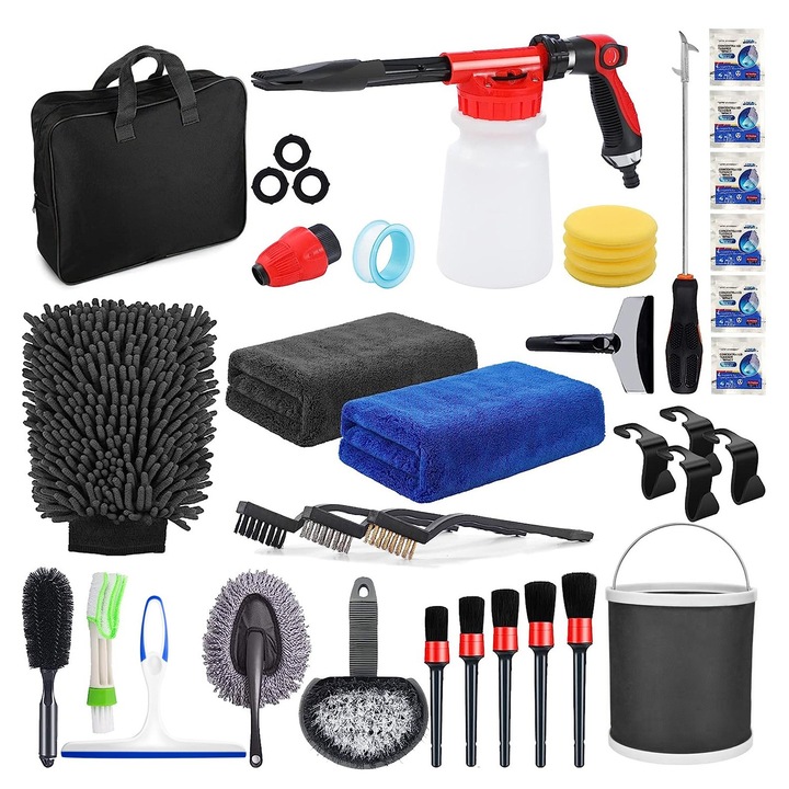 Set detailing auto, curatare interior/exterior, 35in1, diferite accesorii, geanta de depozitare, Multicolor