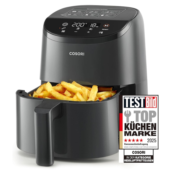 Friteuza Cu Aer Cosori Mica 2L, Mini Friteuza Cu Aer Pentru 1 Persoana, Ideala Pentru Camping, Calatorii Si Rulote, Rapida, Compacta, Fara Ulei, Economisitoare De Energie, Neagra Deschisa