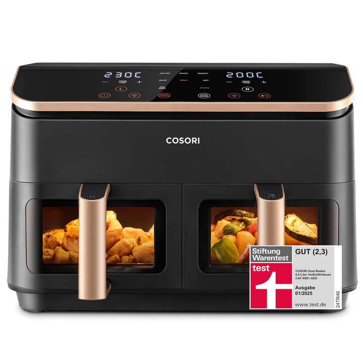 Фритюрник Cosori, Двукамерен, победител в теста Stiftung Warentest, 6-в-1 двузонен фритюрник 8,5 л, двойна камера с прозорец за наблюдение, златист