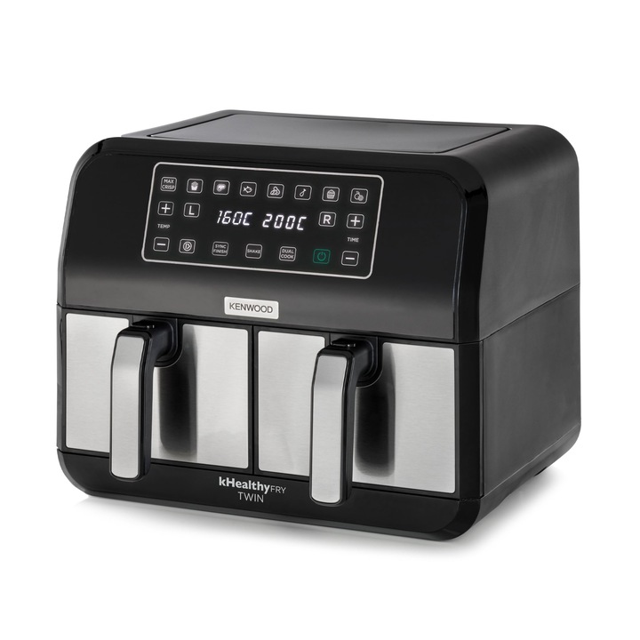 Фритюрник с горещ въздух Kenwood Khealthy Twin, 8 л (2 x 4 л), двойна камера, 8 програми, функция за двойно готвене и синхронизирано завършване, сензорен дисплей, 200º, таймер (до 60 мин.) и функция за сушене 24 часа, фритюрник с горещ въздух
