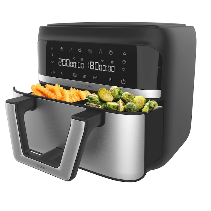 Фритюрник с горещ въздух Cecotec Двоен 9 L Cecofry Advance. Компактен, дигитален, диетичен фритюрник без олио 2850 W, две кошници с двойна температура и технология Perfectcook