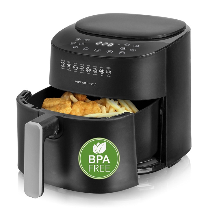 Digitális Airfryer Emerio Large, Felső Airfryer, Sütőolaj hozzáadása nélkül, 4,5 literes űrtartalom, 8 automatikus program, Hideg tapintású, BPA-mentes, Gyors melegítés, 1300 watt, Af-129369