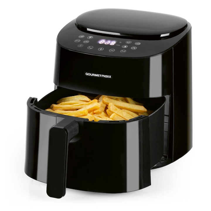 Фритюрник с горещ въздух Gourmetmaxx, 4,5 л, таймер и сензорен екран, фритюрник с 9 функции и 8 програми, икономично пържене, почти без олио, мини фурна - 1400 W