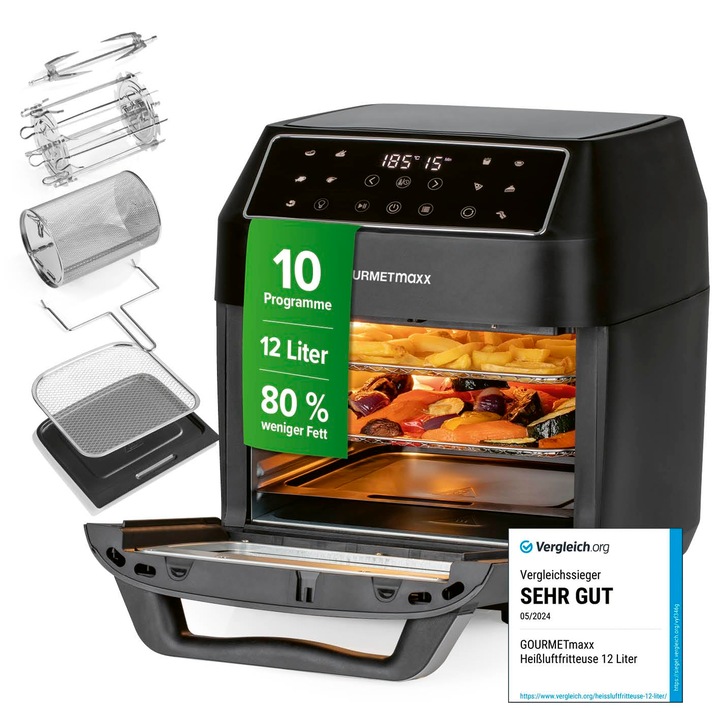 Фритюрник с горещ въздух Gourmetmaxx 12 л, 9-функционален фритюрник, сензорен дисплей, въртящи се шишчета за кебап, 10 програми, включително пица, мини фурна 1700 W – почти без олио