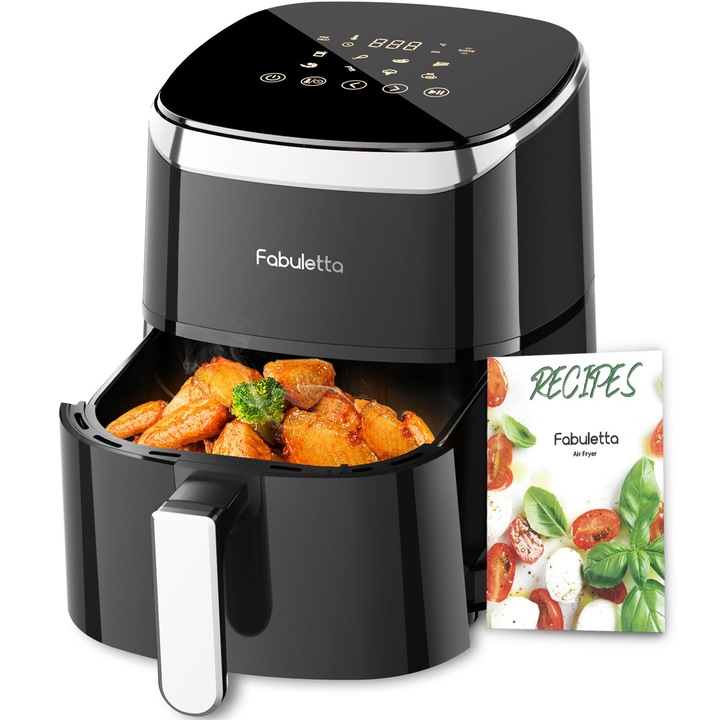 Friteuza Cu Aer Fabuletta 4L, 9 In 1, Cu Aer Cald Pana La 230 ℃, Ecran Tactil Digital Led, Tehnologie De Indepartare Rapida A Aerului Si A Grasimii, Preincalzire, Mod De Agitare (Negru)