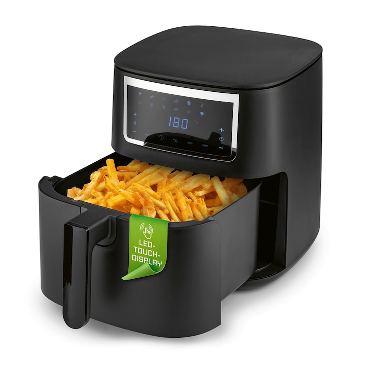 Фритюрник с горещ въздух Gourmetmaxx 6,5 л, фритюрник с тъчскрийн, 9 функции, 11 програми, мини фурна - пържене почти без олио, аксесоари за фритюрник с горещ въздух, подходящ за съдомиялна машина