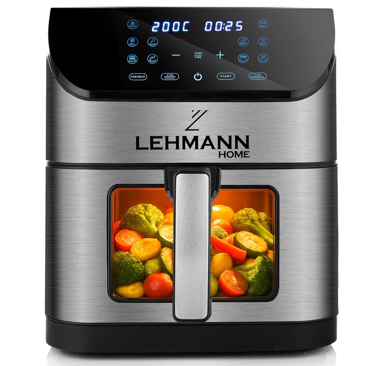 Фритюрник с горещ въздух Lehmann XXL с кошница 8 литра и прозорец за наблюдение, фритюрник без олио с осветление, 1800 W, контрол на температурата до 200°C, фритюрник с горещ въздух с до 10 програми, таймер и сензорен дисплей