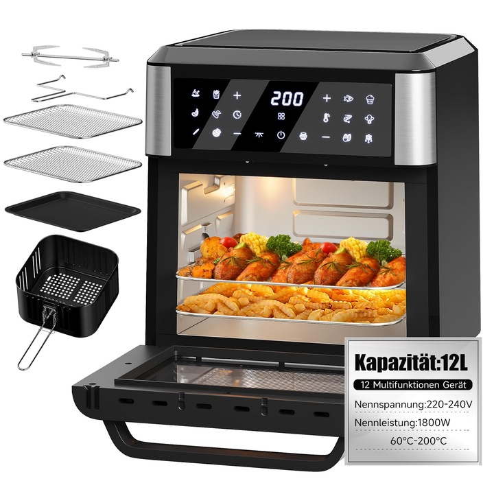 Friteuza Cu Aer Cald De 12 Litri Cu Ecran Tactil Led, 12 Programe De Gatit, Friteuza Cu Aer Cald Cu Functie De Rotatie, Control Al Temperaturii 60-200°C, Airfryer Xxl Cu 6 Accesorii, Cuptor Cu Aer Cald, Mini Cuptor