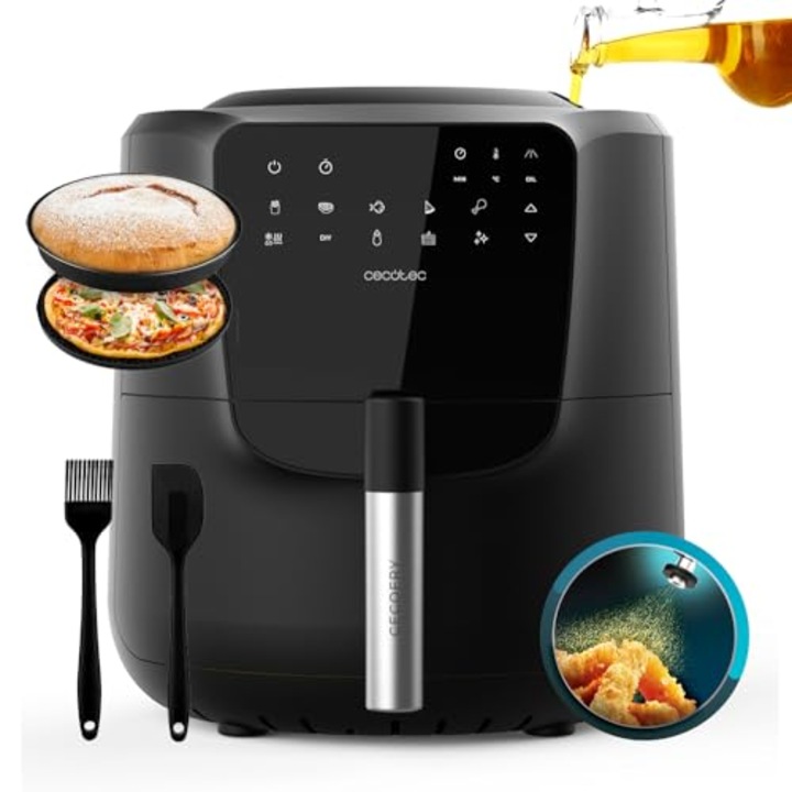 Фритюрник с горещ въздух Cecotec 5.5 л, пакет Cecofry Rain без олио, Аксесоари. 1550 W, вградена дюза за пръскане на масло, функция за автоматично и ръчно пръскане, работа с докосване, самопочистване