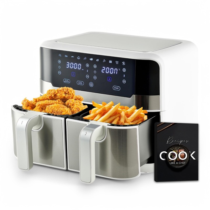 Фритюрник с горещ въздух Masterpro Rocket Duo 900, Двоен, Бял цвят, Капацитет 9 литра и Мощност 2100 W, LED сензорен екран и незалепваща кошница, Фритюрник, 11 функции в едно