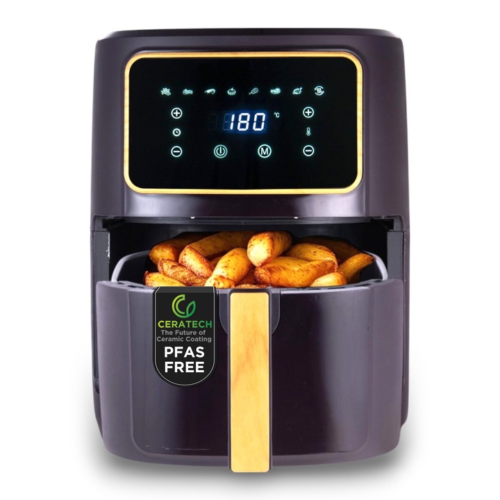 Фритюрник с горещ въздух Bergner Charcoal, без PFAS 1800W 6,9L - 8 програми за готвене - Фритюрник с керамично покритие - Настройка на температурата 80-200°C - Таймер до 30 минути - Здравословно пържене без олио