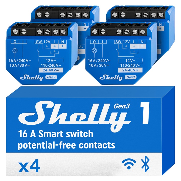 Shelly 1 Gen3, Smart Wlan реле с безпотенциални контакти, ключ за осветление, домашна автоматизация, съвместимо с Alexa и Google Home, приложение за iOS и Android, не е необходим хъб (4 броя)