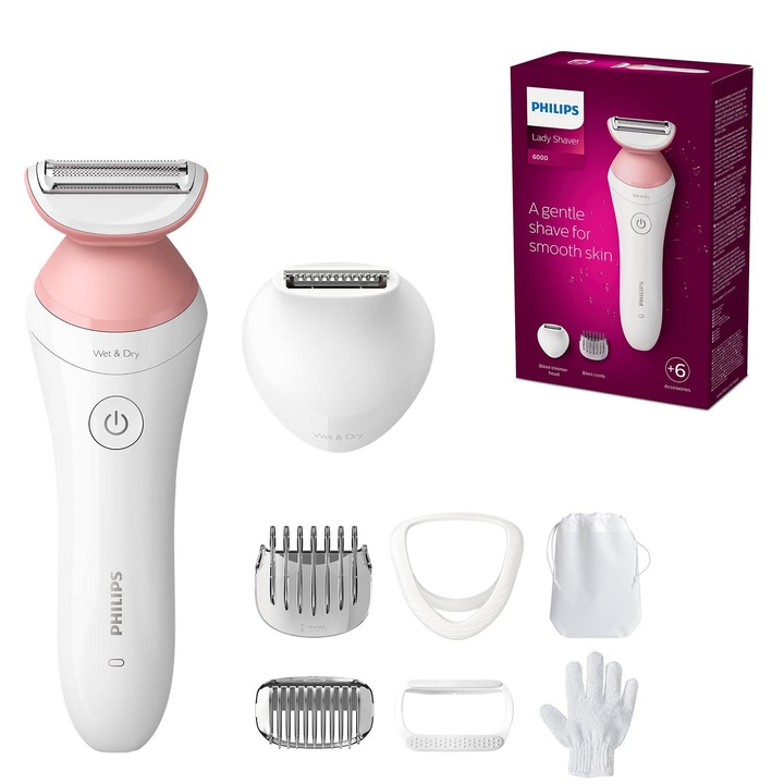 Епилатор Philips Lady Shaver Series 6000, 6 аксесоара, бял/розов