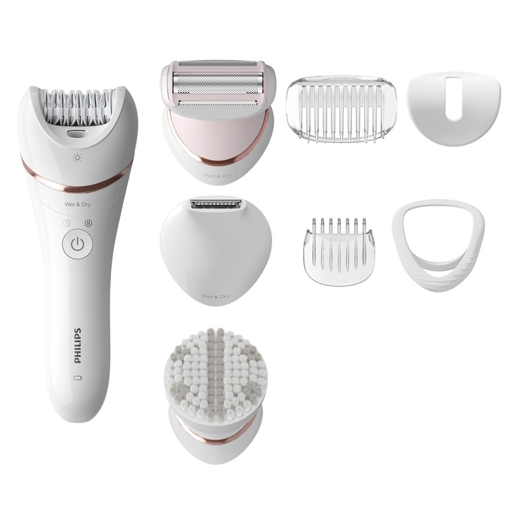 Епилатор Philips Series 8000, безжичен, за мокро и сухо ползване, 8 аксесоара, бял