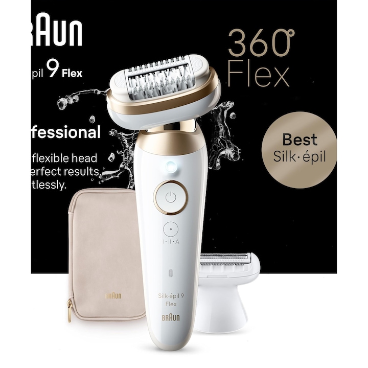 Епилатор Braun Silk-Epil 9 Flex, бял/златен, за суха кожа, комплект с бръснеща глава и тримерна глава