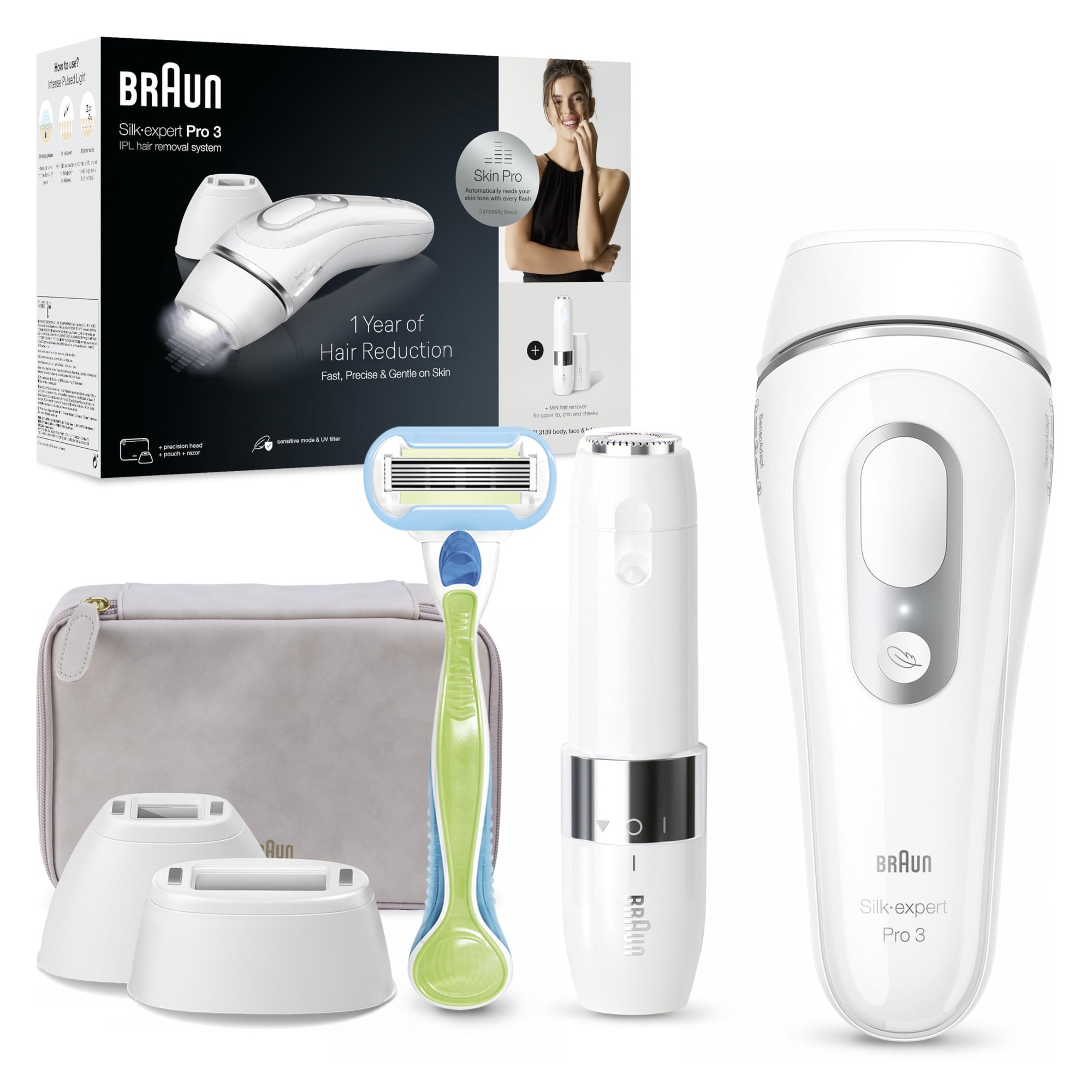 Epilator IPL Braun Silk Expert Pro 3, alb/argintiu, set cu husa și