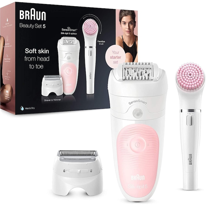 Комплект за епилация Braun Silk-Epil 5, бял/фламинго, аксесоари, почистващ гел