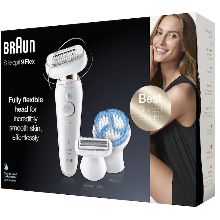 Епилатор Braun Silk-Epil 9 Flex, бял/златен, гъвкава глава, аксесоар за бръснене