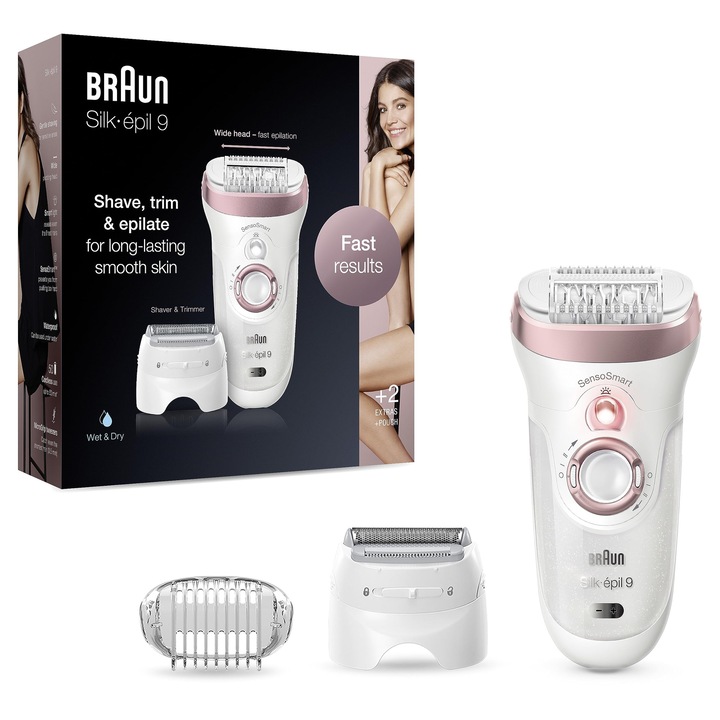 Епилатор Braun Silk-Epil 9, бял/розово злато, с аксесоари, за жени