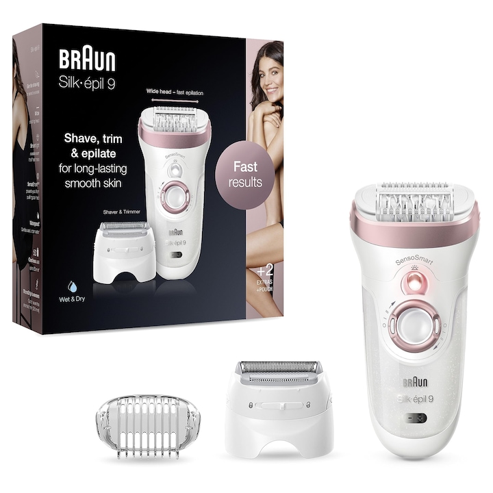 Епилатор Braun Silk-Epil 9, аксесоари, за жени, бял, rose gold