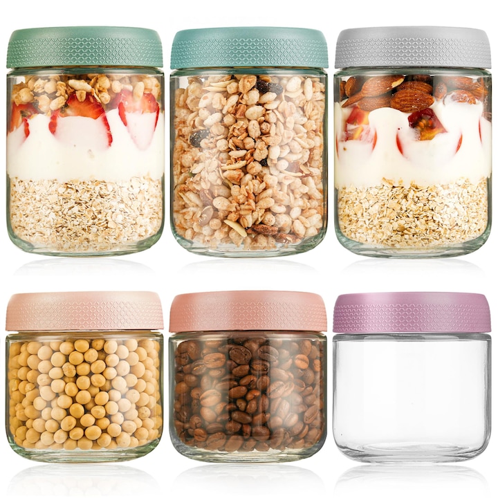 6 darabos üvegkészlet fedővel, csavaros fedővel zabpehelyhez, salátához, joghurthoz, pudinghoz, chutney lekvárhoz, étel előkészítő dobozokhoz, 3 db 300 ml + 3 db 480 ml, üveg + műanyag, színes