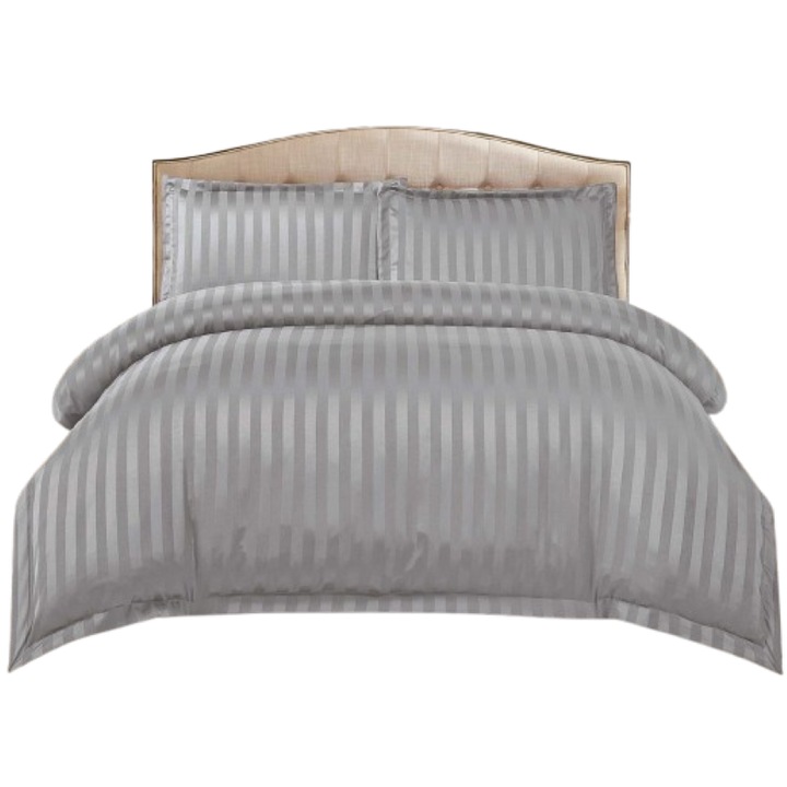 Lenjerie de pat dublu, Primavara, Cearsaf cu Elastic, Damasc, 4 piese, 2 persoane, Uni, 180x200cm, Gri Deschis