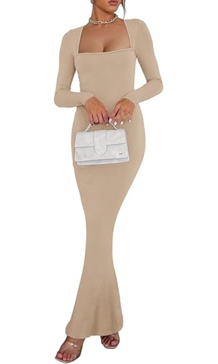 Rochie dama REORIA, mulata, lunga, maneci lungi, decolteu rotund, material texturat, bej, Bej