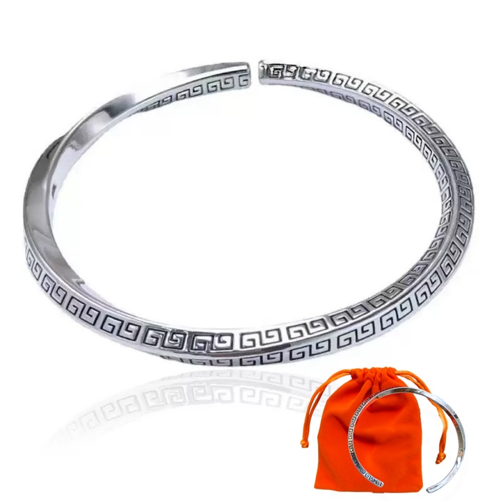 Bratara barbati, din cupru placata cu argint, design vintage etnic, argint texturat, ajustabila