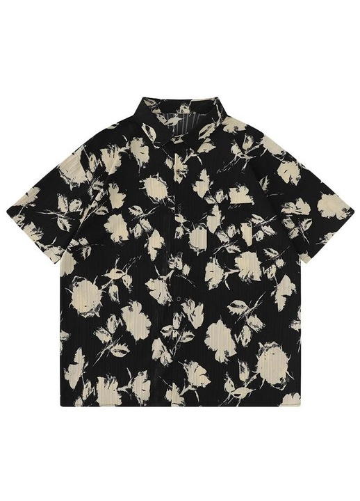 Férfi ing, virágmintás, textil, bő szabású, menő anyag, fekete/bézs, L