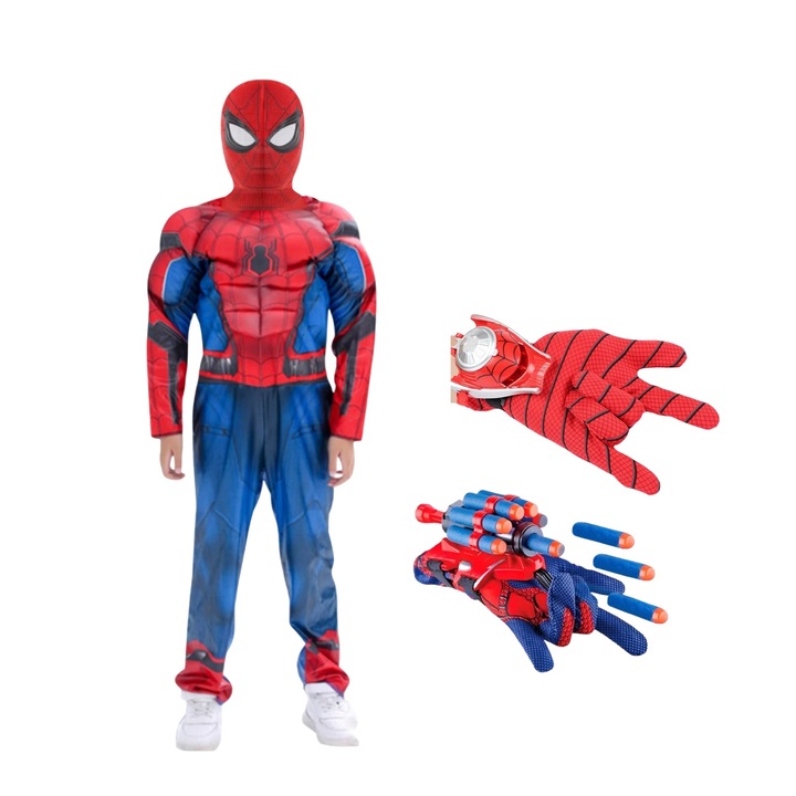 Set costum Spiderman KidMania® cu muschi, masca cu lumini si doua manusi lansator pentru copii, 5-7 ani, 110-120 cm