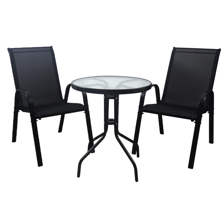 Комплект градински мебели VIKING TERRA – 2 ергономични стола + кръгла маса със стъклен плот, черен