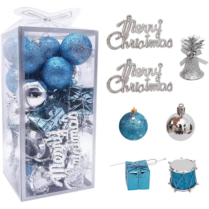 Set 32 globuri de Craciun, diverse modele, culoare albastru si argintiu