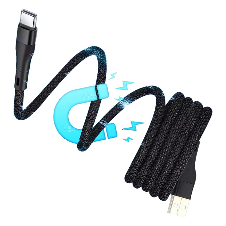 Cablu USB - Type-C, Incarcare, Magnetic, Incarcare Rapida 100W, Transfer 480Mb/s, Lungime 1.5m, Anti-Incalcire, Design Premium, Foarte Rezistent, Compatibil cu Samsung, iPhone 15, iPhone 15 Plus, iPhone 15 Pro, iPhone 15 Pro Max, Culoare Negru