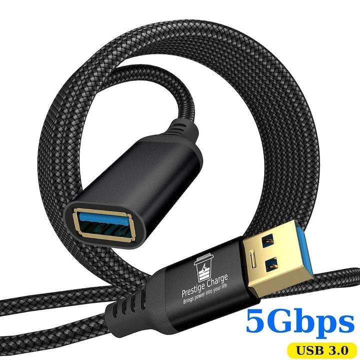 USB 3.0 hosszabbítókábel, PRESTIGE CHARGE®, 5 Gbps, Nagysebességű hosszabbítókábel, USB A apa - USB A anya, Gyors töltés és adatátvitel egyidejűleg, Univerzális, TV-hez, számítógéphez, laptophoz, telefonhoz és perifériákhoz, 1 m, Fekete